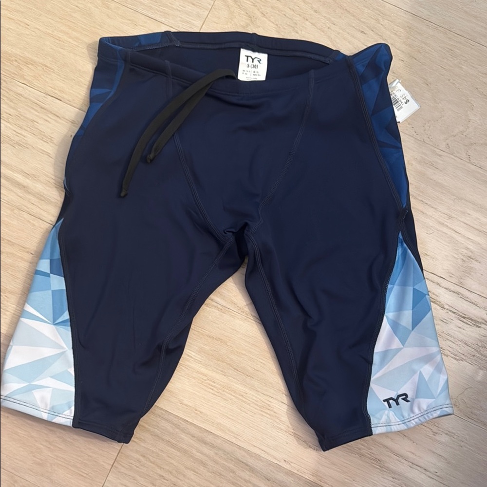 TYR Men's Dark Blue Swim Jammers with Light Blue Accents
